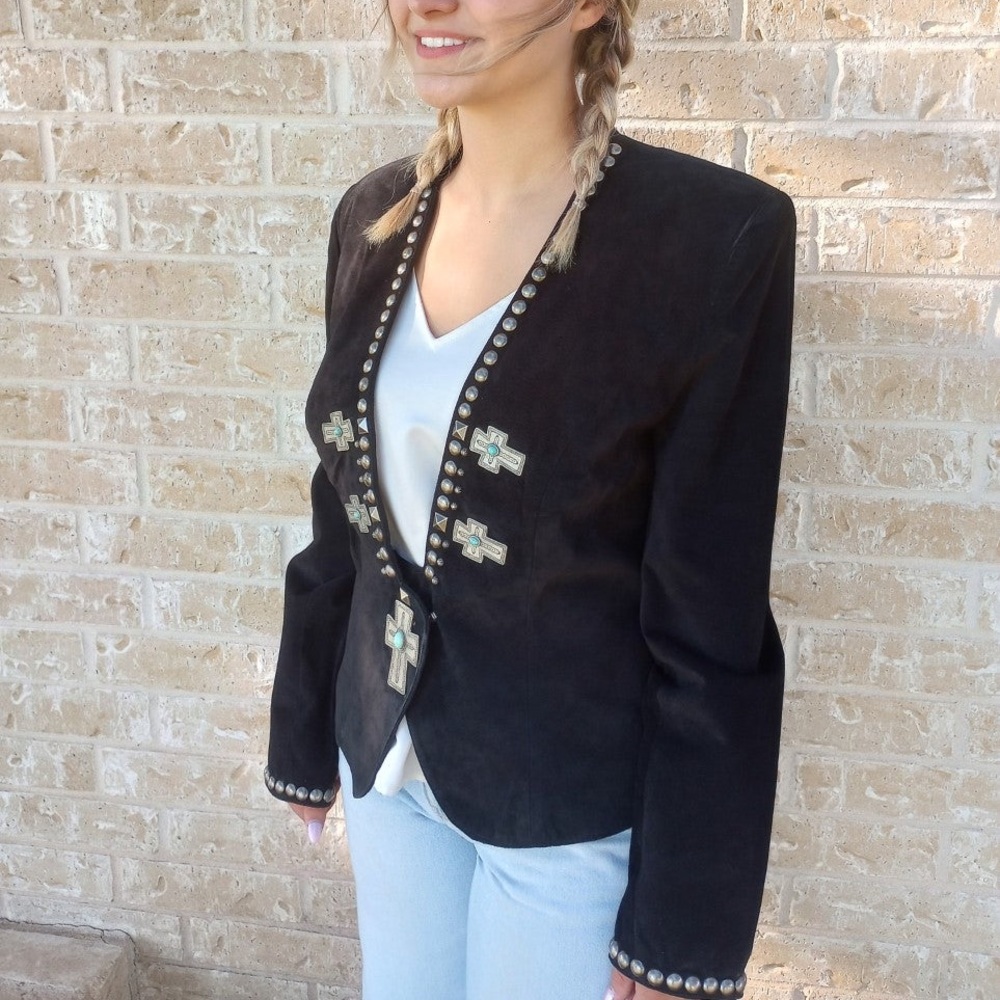 Double D Ranch suede studded jacket silver cross faux with turquoise Rtl $795 S - Picture 10 of 10